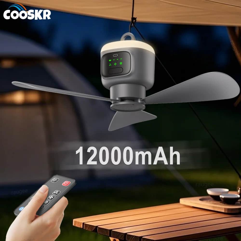 מאוורר תקרה נטען COOSKR 12000mAh - שלט + תאורת LED - קמפינג וטיולים בהנחה של 54%: ₪97.92 במקום ₪212.88