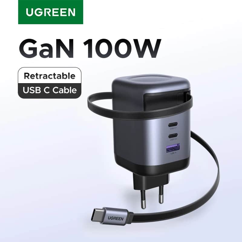 מטען UGREEN GaN 100W - כבל USB-C נשלף מובנה - סלולר בהנחה של 57%: ₪117.13 במקום ₪271.17