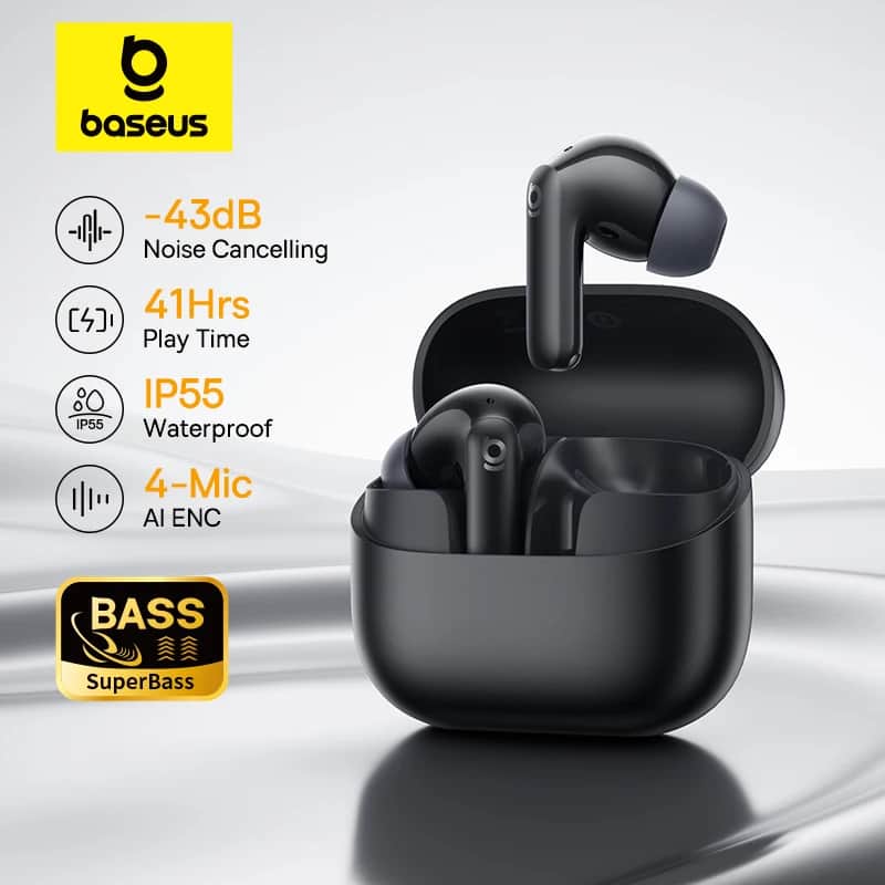 אוזניות Baseus Bass EP10 ANC - סינון רעשים 43dB, 41 שעות - סלולר בהנחה של 55%: ₪59.26 במקום ₪131.22